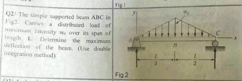 Q2/ The simple supported beam ABC in
Fig2. Carries a distributed load of
maximum intensity wo over its span of
length L. Determine the maximum
deflection of the beam. (Use double
integration method)
Fig.1
Fig.2
2
B
W;
22