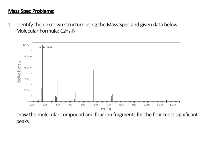 Mass Spec Problems:
1. Identify the unknown structure using the Mass Spec and given data below.
Molecular Formula: C4H11N
100
HS-N-0717
80
40
20
10
20
30
50
70
80
90
100
110
120
m/z
Draw the molecular compound and four ion fragments for the four most significant
peaks.
Relotive Intensity
