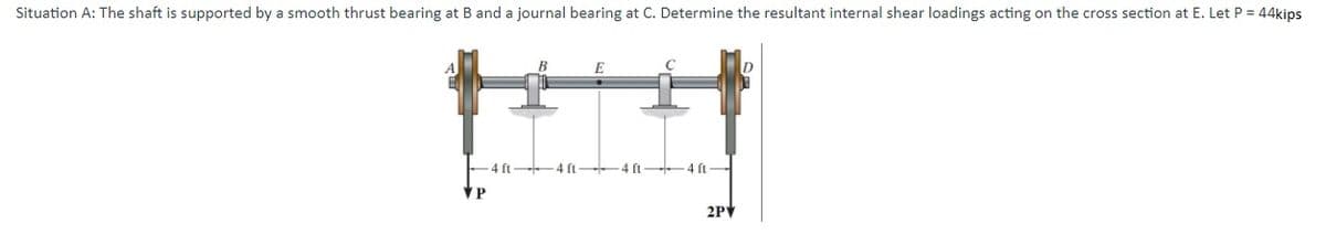 Situation A: The shaft is supported by a smooth thrust bearing at B and a journal bearing at C. Determine the resultant internal shear loadings acting on the cross section at E. Let P = 44kips
В
4 ft
4 ft
4 ft
P
2PV
