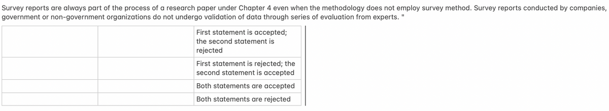 Survey reports are always part of the process of a research paper under Chapter 4 even when the methodology does not employ survey method. Survey reports conducted by companies,
government or non-government organizations do not undergo validation of data through series of evaluation from experts.
First statement is accepted;
the second statement is
rejected
First statement is rejected; the
second statement is accepted
Both statements are accepted
Both statements are rejected
