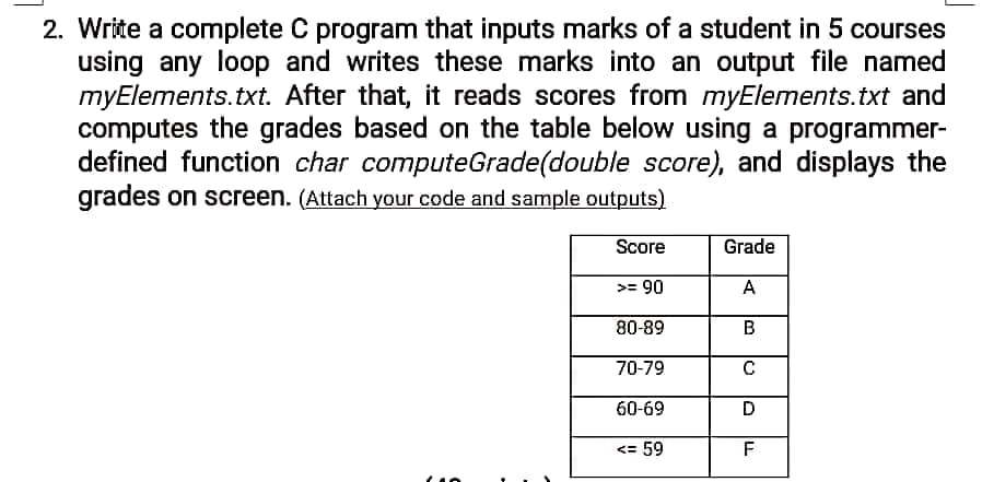 2. Write a complete C program that inputs marks of a student in 5 courses
using any loop and writes these marks into an output file named
myElements.txt. After that, it reads scores from myElements.txt and
computes the grades based on the table below using a programmer-
defined function char computeGrade(double score), and displays the
grades on screen. (Attach your code and sample outputs)
Score
Grade
>= 90
A
80-89
70-79
C
60-69
<= 59
F
