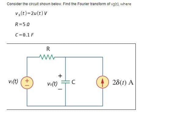 Consider the circuit shown below. Find the Fourier transform of volt), where
vs(t)=2u(t) V
R=50
C=0.1 F
R
Vs(t) (+
Vo(t)
28(t) A

