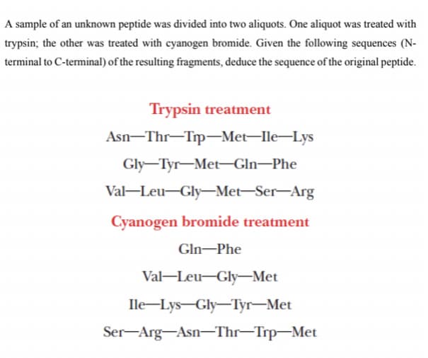 A sample of an unknown peptide was divided into two aliquots. One aliquot was treated with
trypsin; the other was treated with cyanogen bromide. Given the following sequences (N-
terminal to C-terminal) of the resulting fragments, deduce the sequence of the original peptide.
Trypsin treatment
Asn-Thr-Trp-Met-Ile-Lys
Gly-Tyr-Met-Gln–Phe
Val-Leu-GlyMet-Ser-Arg
Cyanogen bromide treatment
Gln–Phe
Val-Leu-Gly-Met
Ile-Lys-Gly-Tyr-Met
Ser-Arg-Asn-Thr-Trp-Met
