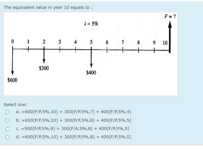 The equivalent value in year 10 equals to :
$600
i=5%
2 3
4 5 6 7
$300
$400
Select one:
о
a. =600(F/P,5%,10) + 300 (F/P,5%,7) + 400 (F/P,5%,4)
b. =600(P/F,5%,10) + 300(P/F,5%,8) + 400 (F/P,5%,5)
c. =500(F/P,5%,9) + 300 (F/A,5%,8) + 400 (F/P,5%,5)
d. =600(F/P,5%,10) + 300 (F/P,5%,8) + 400 (F/P,5%,5)
F = ?
+∞
8.
9
10