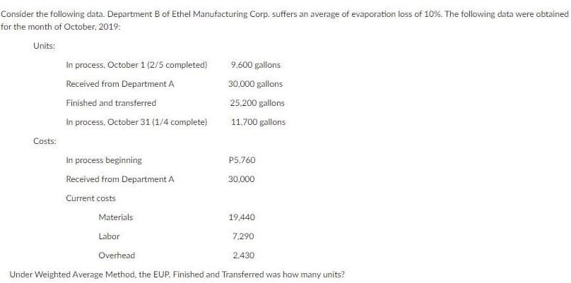 Consider the following data. Department B of Ethel Manufacturing Corp. suffers an average of evaporation loss of 10%. The following data were obtained
for the month of October, 2019:
Units:
In process, October 1 (2/5 completed)
9,600 gallons
Received from Department A
30,000 gallons
Finished and transferred
25,200 gallons
In process, October 31 (1/4 complete)
11,700 gallons
Costs:
In process beginning
P5,760
Received from Department A
30,000
Current costs
Materials
19,440
Labor
7,290
Overhead
2.430
Under Weighted Average Method, the EUP, Finished and Transferred was how many units?
