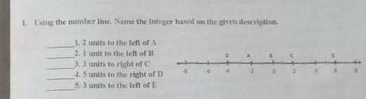 I Using the mumber line. Name the integer hased nm the given deseription.
1.2 units to the left of A
2. 1 unit to the left of B
3.3 units to right of C
4. 5 units to the right of D
5. 3 units to the left of E
