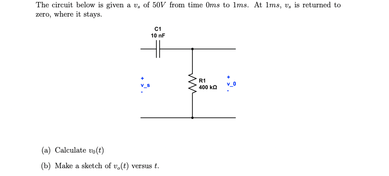 The circuit below is given a v., of 50V from time Oms to 1ms. At 1ms, v, is returned to
zero, where it stays.
C1
10 nF
(a) Calculate vo(t)
(b) Make a sketch of vo(t) versus t.
ww
R1
400 ΚΩ