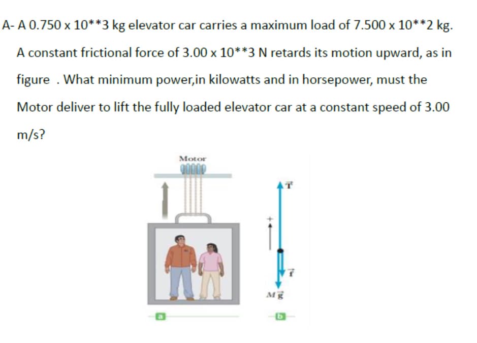 A- A 0.750 x 10**3 kg elevator car carries a maximum load of 7.500 x 10**2 kg.
A constant frictional force of 3.00 x 10**3 N retards its motion upward, as in
figure . What minimum power,in kilowatts and in horsepower, must the
Motor deliver to lift the fully loaded elevator car at a constant speed of 3.00
m/s?
Motor

