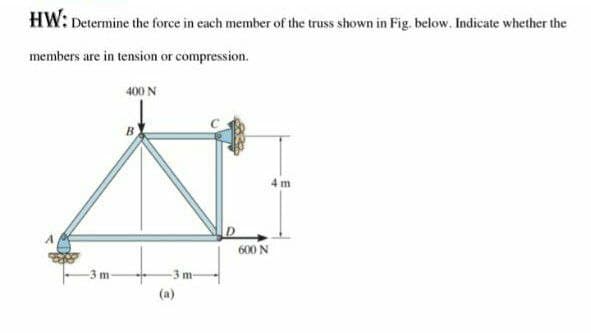 HW: Determine the force in each member of the truss shown in Fig. below. Indicate whether the
members are in tension or compression.
400 N
4 m
600 N
3 m
-3 m-
(a)
