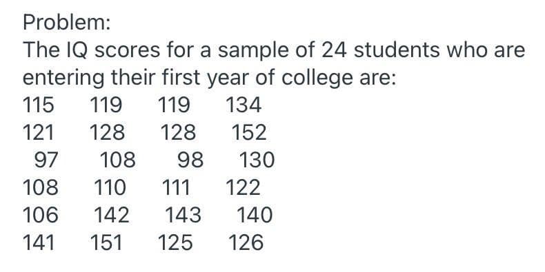Problem:
The IQ scores for a sample of 24 students who are
entering their first year of college are:
115
119
119
134
121
128
128
152
97
108
98
130
108
110
111
122
106
142
143
140
141
151
125
126
