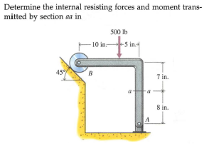 Determine the internal resisting forces and moment trans-
mitted by section aa in
500 Ib
10 in-
-5 in-
45
B
7 in.
8 in.
