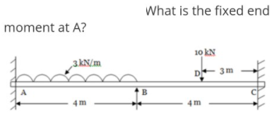 What is the fixed end
moment at A?
10 kN
3kN/m
D
3m
B
4 m
4 m
