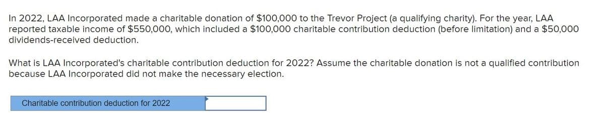 In 2022, LAA Incorporated made a charitable donation of $100,000 to the Trevor Project (a qualifying charity). For the year, LAA
reported taxable income of $550,000, which included a $100,000 charitable contribution deduction (before limitation) and a $50,000
dividends-received deduction.
What is LAA Incorporated's charitable contribution deduction for 2022? Assume the charitable donation is not a qualified contribution
because LAA Incorporated did not make the necessary election.
Charitable contribution deduction for 2022