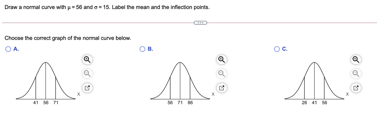 Draw a normal curve with µ = 56 and o = 15. Label the mean and the inflection points.
Choose the correct graph of the normal curve below.
O A.
Ов.
C.
41
56 71
56 71
86
26 41
56
