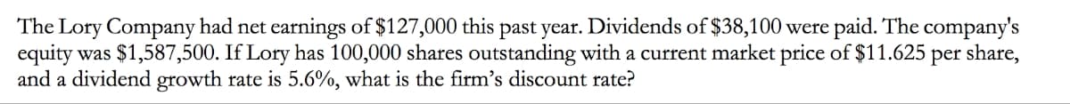 The Lory Company had net earnings of $127,000 this past year. Dividends of $38,100 were paid. The company's
equity was $1,587,500. If Lory has 100,000 shares outstanding with a current market price of $11.625 per share,
and a dividend growth rate is 5.6%, what is the firm's discount rate?