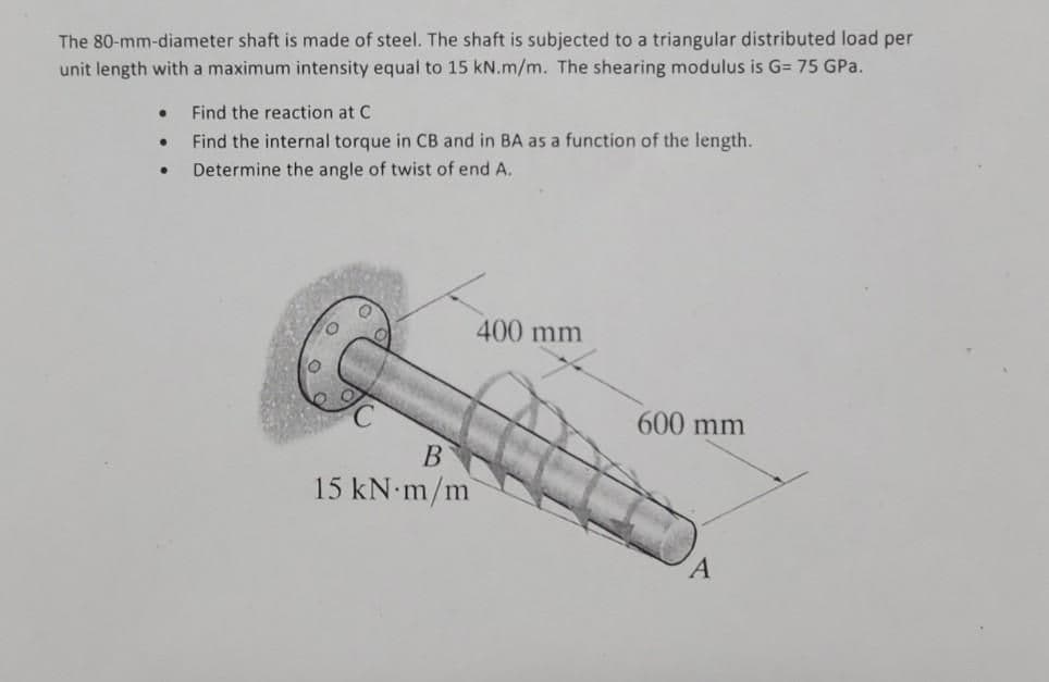 The 80-mm-diameter shaft is made of steel. The shaft is subjected to a triangular distributed load per
unit length with a maximum intensity equal to 15 kN.m/m. The shearing modulus is G= 75 GPa.
Find the reaction at C
Find the internal torque in CB and in BA as a function of the length.
Determine the angle of twist of end A.
400 mm
600 mm
В
15 kN-m/m
