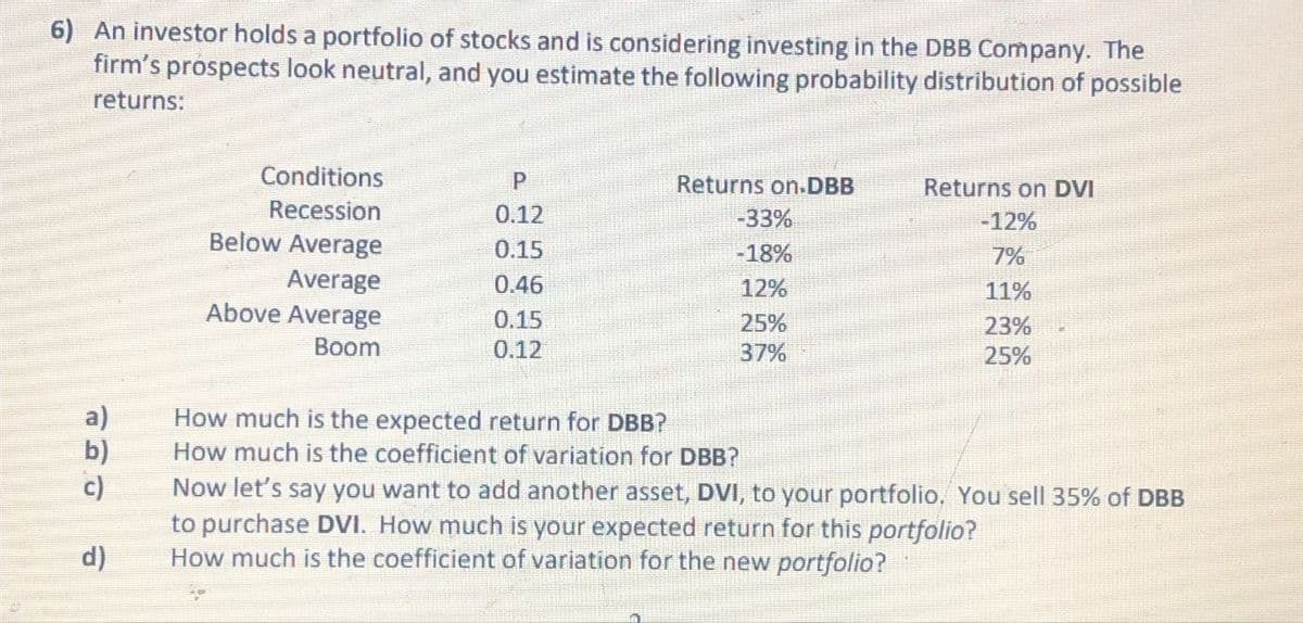 6) An investor holds a portfolio of stocks and is considering investing in the DBB Company. The
firm's prospects look neutral, and you estimate the following probability distribution of possible
returns:
Conditions
Recession
P
Returns on.DBB
Returns on DVI
0.12
-33%
-12%
Below Average
0.15
-18%
7%
Average
0.46
12%
11%
Above Average
0.15
25%
23%
Boom
0.12
37%
25%
a)
How much is the expected return for DBB?
b)
How much is the coefficient of variation for DBB?
c)
Now let's say you want to add another asset, DVI, to your portfolio. You sell 35% of DBB
to purchase DVI. How much is your expected return for this portfolio?
d)
How much is the coefficient of variation for the new portfolio?