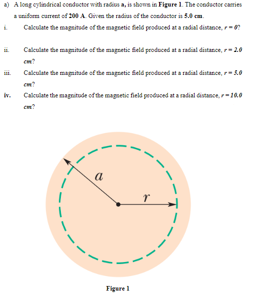 a) A long cylindrical conductor with radius a, is shown in Figure 1. The conductor carries
a uniform current of 200 A. Given the radius of the conductor is 5.0 cm.
Calculate the magnitude of the magnetic field produced at a radial distance, r = 0?
i.
ii.
111.
iv.
Calculate the magnitude of the magnetic field produced at a radial distance, r = 2.0
cm?
Calculate the magnitude of the magnetic field produced at a radial distance, r = 5.0
cm?
Calculate the magnitude of the magnetic field produced at a radial distance, r = 10.0
cm?
a
Figure 1
r