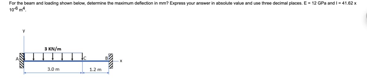 For the beam and loading shown below, determine the maximum deflection in mm? Express your answer in absolute value and use three decimal places. E = 12 GPa and I = 41.62 x
10-6 m4.
y
www
3 KN/m
3.0 m
1.2 m