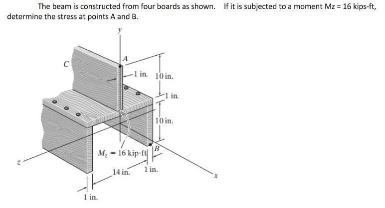 The beam is constructed from four boards as shown. If it is subjected to a moment Mz = 16 kips-ft,
determine the stress at points A and B.
C
-1 in. 10 in.
in.
10 in.
B
M = 16 kip-ft|
14 in.
1 in.
1 in.
