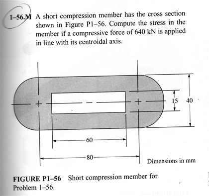 1-56.M A short compression member has the cross section
shown in Figure P1-56. Compute the stress in the
member if a compressive force of 640 kN is applied
in line with its centroidal axis.
+
15 40
60
80
Dimensions in mm
FIGURE P1-56 Short compression member for
Problem 1-56.

