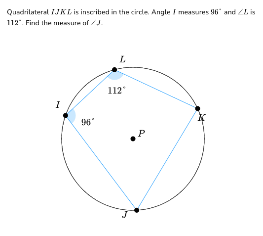 Quadrilateral IJKL is inscribed in the circle. Angle I measures 96 and ZL is
112°. Find the measure of ZJ.
I
96°
L
112°
P