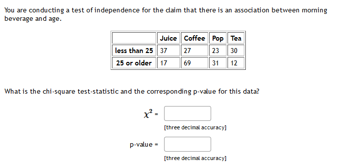 You are conducting a test of independence for the daim that there is an association between morning
beverage and age.
Juice Coffee Pop Tea
23 30
less than 25 37 27
25 or older 17
69
31
12
What is the chi-square test-statistic and the corresponding p-value for this data?
x² -
=
[three decimal accuracy]
p-value =
[three decimal accuracy]

