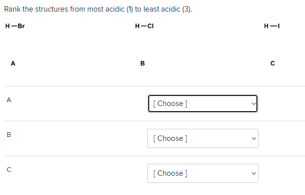 Rank the structures from most acidic (1) to least acidic (3).
H-Br
A
A
00
с
H-CI
B
[Choose ]
[Choose ]
[Choose ]
H-I
C