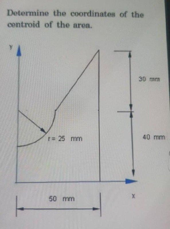 Determine the coordinates of the
centroid of the area.
30 mm
40mm
T= 25 mm
50 mm
