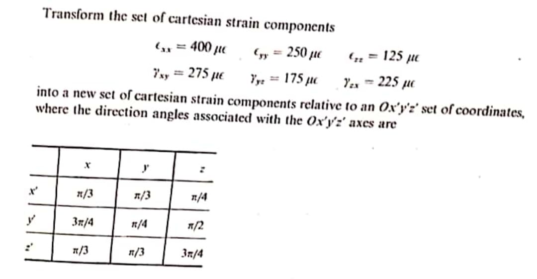 Transform the set of cartesian strain components
(, = 400 µe
(yy = 250 ue
125 µe
%3D
Yay = 275 µe
%3D
Yyz = 175 µe
Yex = 225 µe
into a new set of cartesian strain components relative to an Ox'y'z' set of coordinates,
where the direction angles associated with the Ox'y'z' axes are
n/3
R/3
n/4
3n/4
1/4
n/2
1/3
n/3
In/4
