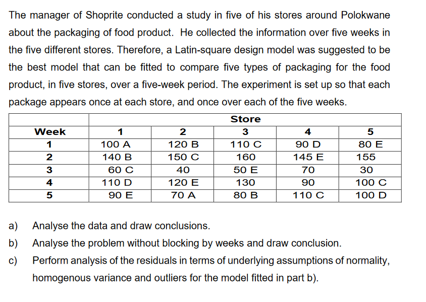 The manager of Shoprite conducted a study in five of his stores around Polokwane
about the packaging of food product. He collected the information over five weeks in
the five different stores. Therefore, a Latin-square design model was suggested to be
the best model that can be fitted to compare five types of packaging for the food
product, in five stores, over a five-week period. The experiment is set up so that each
package appears once at each store, and once over each of the five weeks.
a)
b)
c)
Week
1
2
3
4
5
1
100 A
140 B
60 C
110 D
90 E
2
120 B
150 C
40
120 E
70 A
Store
3
110 C
160
50 E
130
80 B
4
90 D
145 E
70
90
110 C
5
80 E
155
30
100 C
100 D
Analyse the data and draw conclusions.
Analyse the problem without blocking by weeks and draw conclusion.
Perform analysis of the residuals in terms of underlying assumptions of normality,
homogenous variance and outliers for the model fitted in part b).