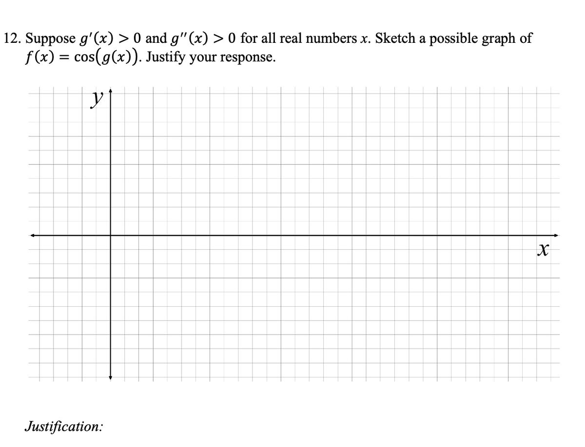 12. Suppose g'(x) > 0 and g"(x) > 0 for all real numbers x. Sketch a possible graph of
f(x) = cos(g(x)). Justify your response.
y
Justification:
X