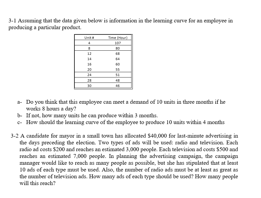 3-1 Assuming that the data given below is information in the learning curve for an employee in
producing a particular product.
Time (Hour)
Unit #
4
107
8
80
12
68
14
64
16
60
20
55
24
51
28
48
30
46
a- Do you think that this employee can meet a demand of 10 units in three months if he
works 8 hours a day?
b- If not, how many units he can produce within 3 months.
c- How should the learning curve of the employee to produce 10 units within 4 months
3-2 A candidate for mayor in a small town has allocated $40,000 for last-minute advertising in
the days preceding the election. Two types of ads will be used: radio and television. Each
radio ad costs $200 and reaches an estimated 3,000 people. Each television ad costs $500 and
reaches an estimated 7,000 people. In planning the advertising campaign, the campaign
manager would like to reach as many people as possible, but she has stipulated that at least
10 ads of each type must be used. Also, the number of radio ads must be at least as great as
the number of television ads. How many ads of each type should be used? How many people
will this reach?
