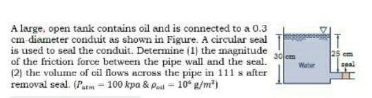 A large, open tank contains oil and is connected to a 0.3
cm diameter conduit as shown in Figure. A circular seal
is used to seal the conduit. Determine (1) the magnitude
of the friction force between the pipe wall and the seal.
(2) the volume of oil flows across the pipe in 111 s after
removal seal. (Patm = 100 kpa & pod = 10° g/m²)
25 cm
30 cm
Water
seal
