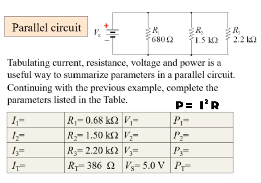 Parallel circuit
V
R,
6802
:R,
R,
1.5 k2
2.2 k2
Tabulating current, resistance, voltage and power is a
useful way to summarize parameters in a parallel circuit.
Continuing with the previous example, complete the
parameters listed in the Table.
P= I'R
R= 0.68 k2 V;=
R= 1.50 k2 V;=
R3= 2.20 k2 V3=
R= 386 2 |Vs= 5.0 V | Pr-
I=
Iz=
Р
