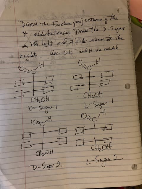 DRAW The Fischer projections of
auf
& aldotetroses. Draw the D-Sugar
on the left and it's to somer to the
needed
right. Use OH and H
DC-H
عدد
17
CH₂OH
D = Sugar 1
H
стон
D-Sugar 2
G
it as
Ł
the
CH₂OH
L-Sugar
41
OFC
1
CH₂₂OH
L-Sugar 2