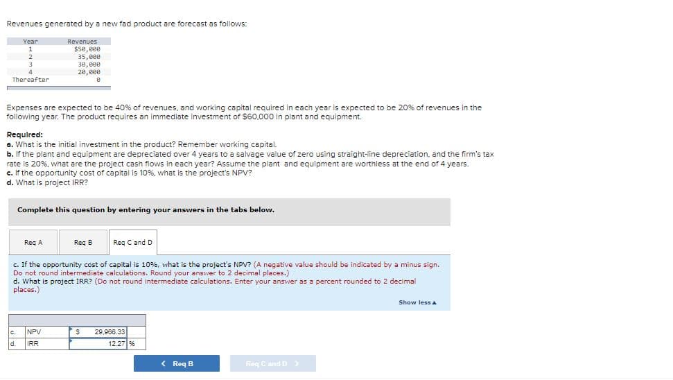 Revenues generated by a new fad product are forecast as follows:
Revenues
$5e, eee
35,eee
30, eee
20,eee
Year
1
2
Thereafter
Expenses are expected to be 40% of revenues, and working capital required in each year is expected to be 20% of revenues in the
following year. The product requires an immediate investment of $60.000 in plant and equipment.
Required:
a. What is the initial investment in the product? Remember working capital.
b. If the plant and equipment are depreciated over 4 years to a salvage value of zero using straight-line depreciation, and the firm's tax
rate is 20%, what are the project cash flows in each year? Assume the plant and equipment are worthless at the end of 4 years.
c. If the opportunity cost of capital is 10%, what is the project's NPV?
d. What is project IRR?
Complete this question by entering your answers in the tabs below.
Reg C and D
Reg A
Req B
c. If the opportunity cost of capital is 10%, what is the project's NPV? (A negative value should be indicated by a minus sign.
Do not round intermediate calculations. Round your answer to 2 decimal places.)
d. What is project IRR? (Do not round intermediate calculations. Enter your answer as a percent rounded to 2 decimal
places.)
Show less a
C.
NPV
29.900.33
d.
IRR
12.27 %
( Req B
Reg Cand D>
