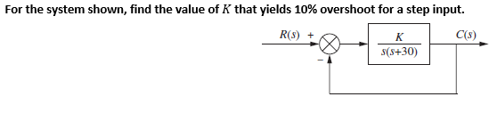 For the system shown, find the value of K that yields 10% overshoot for a step input.
R(s)
K
C(s)
s(s+30)
