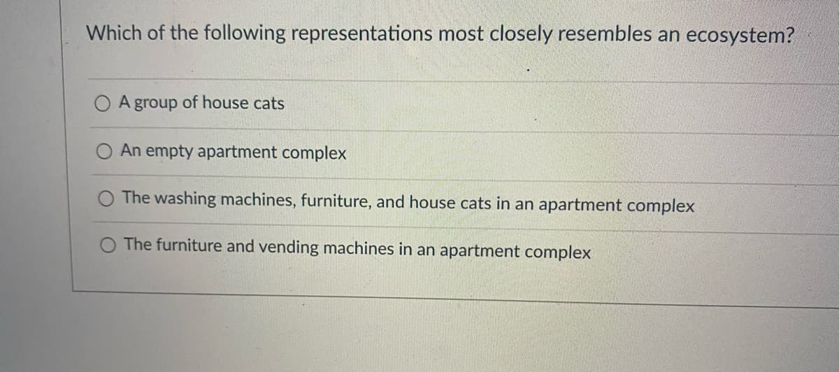 Which of the following representations most closely resembles an ecosystem?
A group of house cats
An empty apartment complex
O The washing machines, furniture, and house cats in an apartment complex
The furniture and vending machines in an apartment complex
