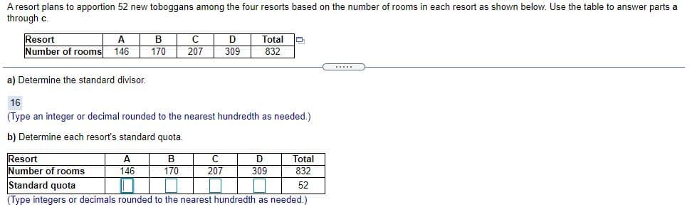 A resort plans to apportion 52 new toboggans among the four resorts based on the number of rooms in each resort as shown below. Use the table to answer parts a
through c.
Resort
Number of rooms
A
В
C
Total
146
170
207
309
832
.....
a) Determine the standard divisor.
16
(Type an integer or decimal rounded to the nearest hundredth as needed.)
b) Determine each resort's standard quota.
Resort
Number of rooms
Total
832
A
B
D
146
170
207
309
Standard quota
(Type integers or decimals rounded to the nearest hundredth as needed.)
52

