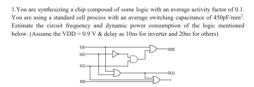 1.You are synthesizing a chip composed of some logic with an average activity factor of 0.1.
You are using a standard cell process with an average switching capacitance of 450pF/mm².
Estimate the circuit frequency and dynamic power consumption of the logic mentioned
below. (Assume the VDD = 0.9 V & delay as 10ns for inverter and 20ns for others)
The
I(3)-
1(2)-
(1)-
1(0)-
-0(0)
-0(1)
V