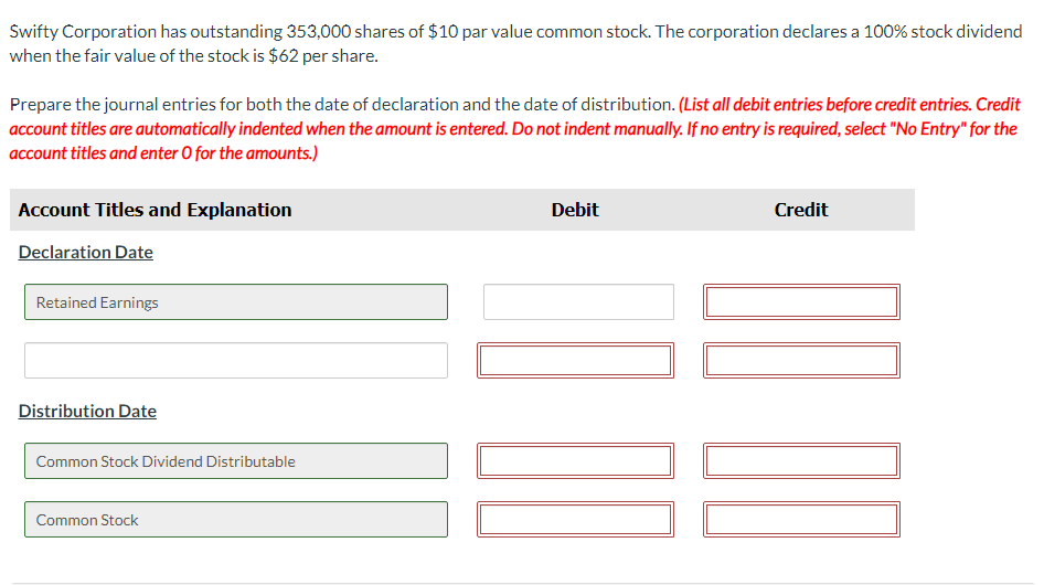 Swifty Corporation has outstanding 353,000 shares of $10 par value common stock. The corporation declares a 100% stock dividend
when the fair value of the stock is $62 per share.
Prepare the journal entries for both the date of declaration and the date of distribution. (List all debit entries before credit entries. Credit
account titles are automatically indented when the amount is entered. Do not indent manually. If no entry is required, select "No Entry" for the
account titles and enter O for the amounts.)
Account Titles and Explanation
Declaration Date
Retained Earnings
Distribution Date
Common Stock Dividend Distributable
Common Stock
Debit
Credit