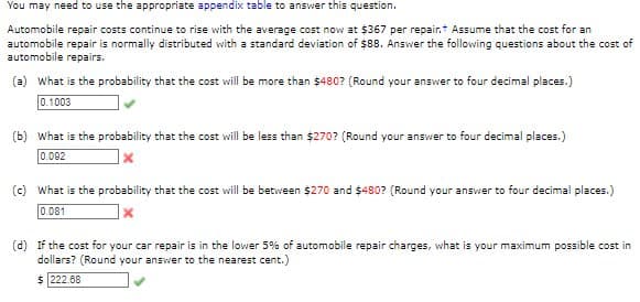 You may need to use the appropriate appendix table to answer this question.
Automobile repair costs continue to rise with the average cost now at $367 per repair.t Assume that the cost for an
automobile repair is normally distributed with a standard deviation of $88. Answer the following questions about the cost of
automobile repairs.
(a) What is the probability that the cost will be more than $480? (Round your answer to four decimal places.)
0.1003
(b) What is the probability that the cost will be less than $270? (Round your answer to four decimal places.)
0.092
(c) What is the probability that the cost will be between $270 and $480? (Round your answer to four decimal places.)
0.081
(d) If the cost for your car repair is in the lower 5% of automobile repair charges, what is your maximum possible cost in
dollars? (Round your answer to the nearest cent.)
$ 222.68
