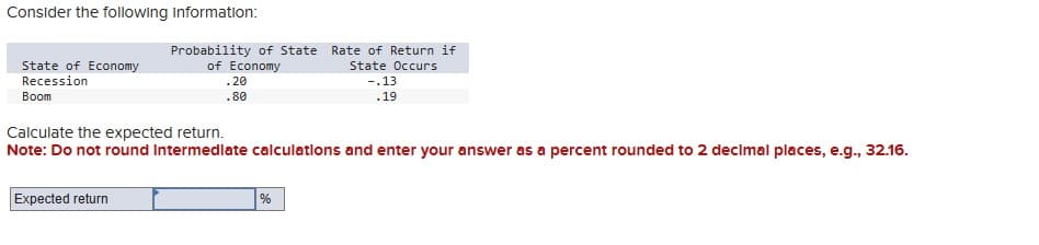 Consider the following information:
Probability of State
State of Economy
Recession
Boom
of Economy
Rate of Return if
State Occurs
.20
.80
-.13
.19
Calculate the expected return.
Note: Do not round Intermediate calculations and enter your answer as a percent rounded to 2 decimal places, e.g., 32.16.
Expected return
%