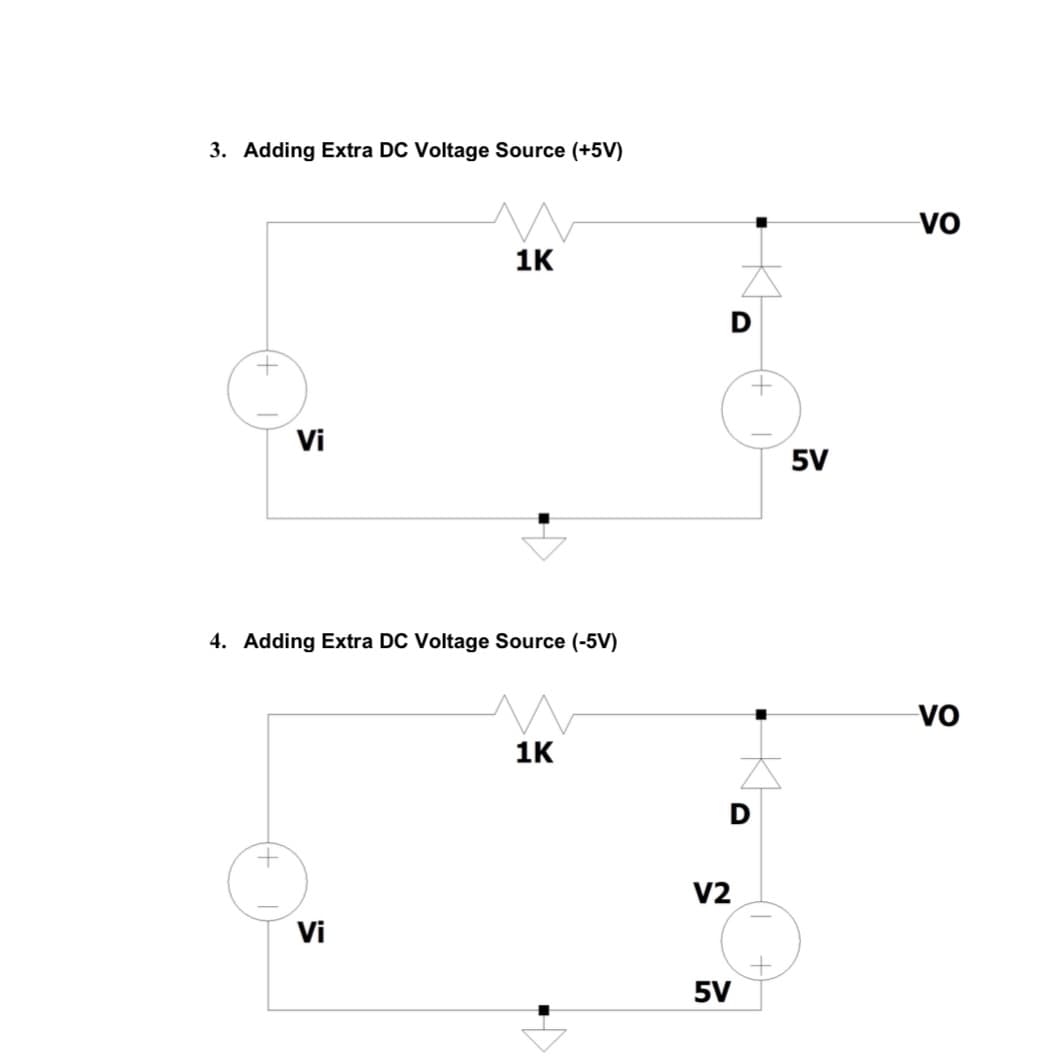 3. Adding Extra DC Voltage Source (+5V)
Vi
1K
4. Adding Extra DC Voltage Source (-5V)
Vi
1K
D
V2
5V
+
5V
VO
VO