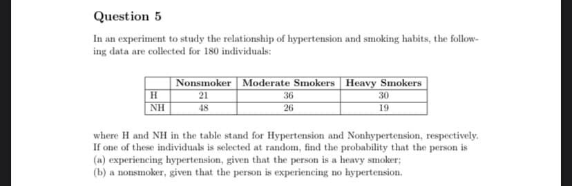 Question 5
In an experiment to study the relationship of hypertension and smoking habits, the follow-
ing data are collected for 180 individuals:
H
NH
Nonsmoker Moderate Smokers Heavy Smokers
21
48
36
26
30
19
where H and NH in the table stand for Hypertension and Nonhypertension, respectively.
If one of these individuals is selected at random, find the probability that the person is
(a) experiencing hypertension, given that the person is a heavy smoker;
(b) a nonsmoker, given that the person is experiencing no hypertension.
