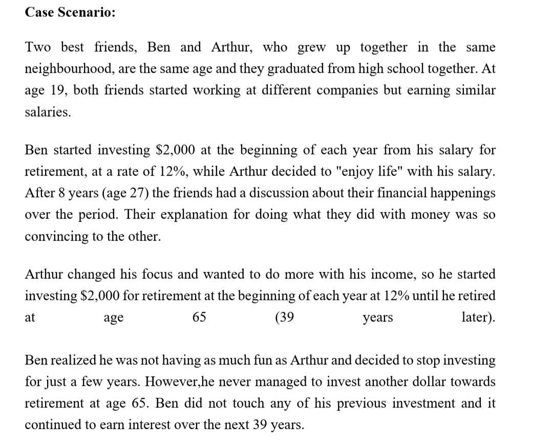 Case Scenario:
Two best friends, Ben and Arthur, who grew up together in the same
neighbourhood, are the same age and they graduated from high school together. At
age 19, both friends started working at different companies but earning similar
salaries.
Ben started investing $2,000 at the beginning of each year from his salary for
retirement, at a rate of 12%, while Arthur decided to "enjoy life" with his salary.
After 8 years (age 27) the friends had a discussion about their financial happenings
over the period. Their explanation for doing what they did with money was so
convincing to the other.
Arthur changed his focus and wanted to do more with his income, so he started
investing $2,000 for retirement at the beginning of each year at 12% until he retired
at
age
65
(39
years
later).
Ben realized he was not having as much fun as Arthur and decided to stop investing
for just a few years. However,he never managed to invest another dollar towards
retirement at age 65. Ben did not touch any of his previous investment and it
continued to earn interest over the next 39 years.

