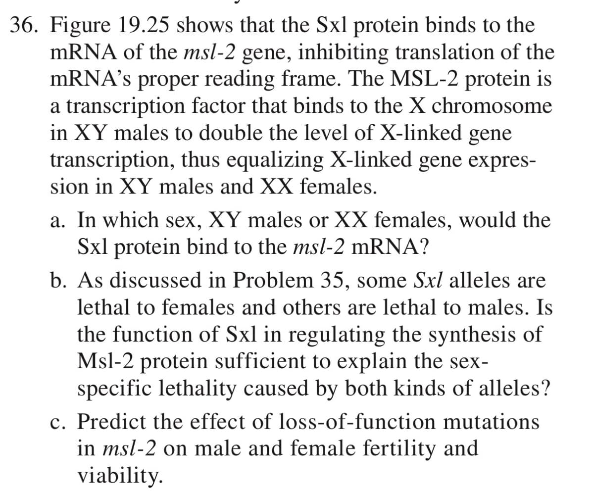 36. Figure 19.25 shows that the Sxl protein binds to the
mRNA of the msl-2 gene, inhibiting translation of the
MRNA's proper reading frame. The MSL-2 protein is
a transcription factor that binds to the X chromosome
in XY males to double the level of X-linked gene
transcription, thus equalizing X-linked gene expres-
sion in XY males and XX females.
a. In which sex, XY males or XX females, would the
Sxl protein bind to the msl-2 MRNA?
b. As discussed in Problem 35, some Sxl alleles are
lethal to females and others are lethal to males. Is
the function of Sxl in regulating the synthesis of
Msl-2 protein sufficient to explain the sex-
specific lethality caused by both kinds of alleles?
c. Predict the effect of loss-of-function mutations
in msl-2 on male and female fertility and
viability.
