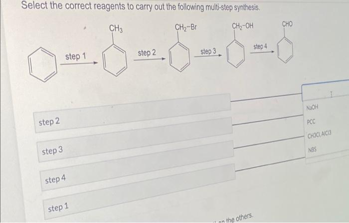 Select the correct reagents to carry out the following multi-step synthesis.
CH3
CH2-Br
CH,-OH
CHO
step 1
step 2
step 3
step 4
step 2
NJOH
step 3
PCC
CHICI, AICI3
step 4
N8S
step 1
n the others.
