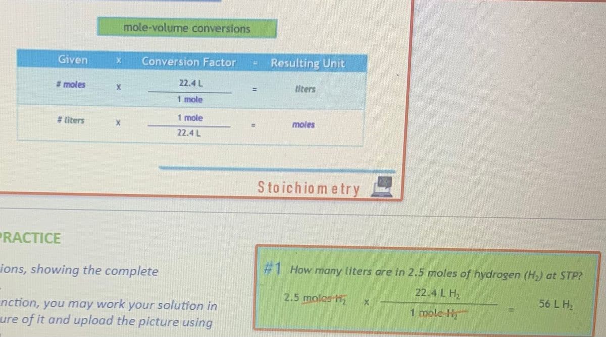 Given
#liters
PRACTICE
mole-volume conversions
X Conversion Factor
22.4 L
1 mole
1 mole
22.4 L
ions, showing the complete
nction, you may work your solution in
ure of it and upload the picture using
Resulting Unit
moles
Stoichiometry
#1 How many liters are in 2.5 moles of hydrogen (H₂) at STP?
22.4 LH₂
1 mole-H
2.5 moles H
2
56 L H₂